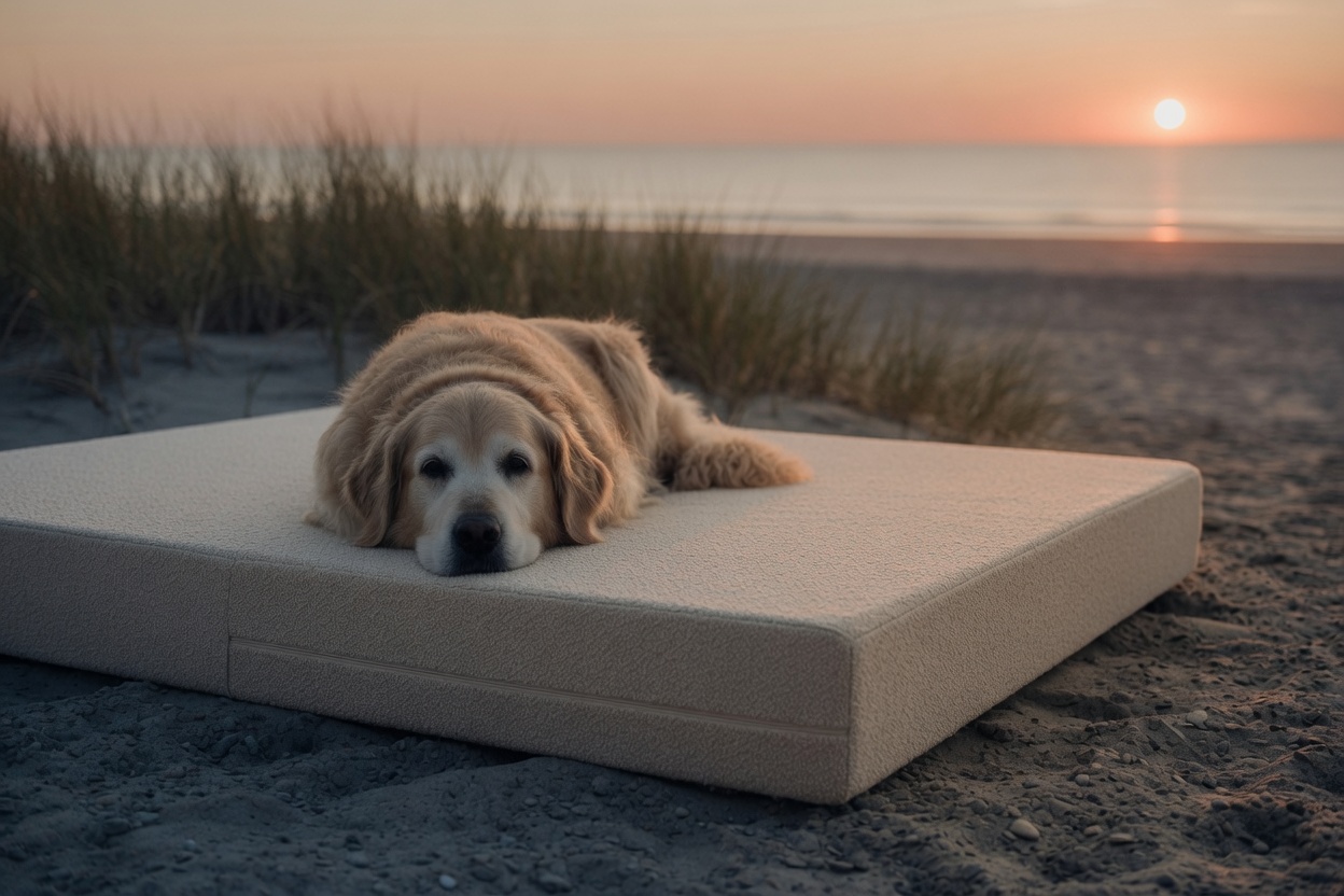 A senior golden retriever resting on a Padfoundry mattress on the sand at sunset, Pacific horizon behind