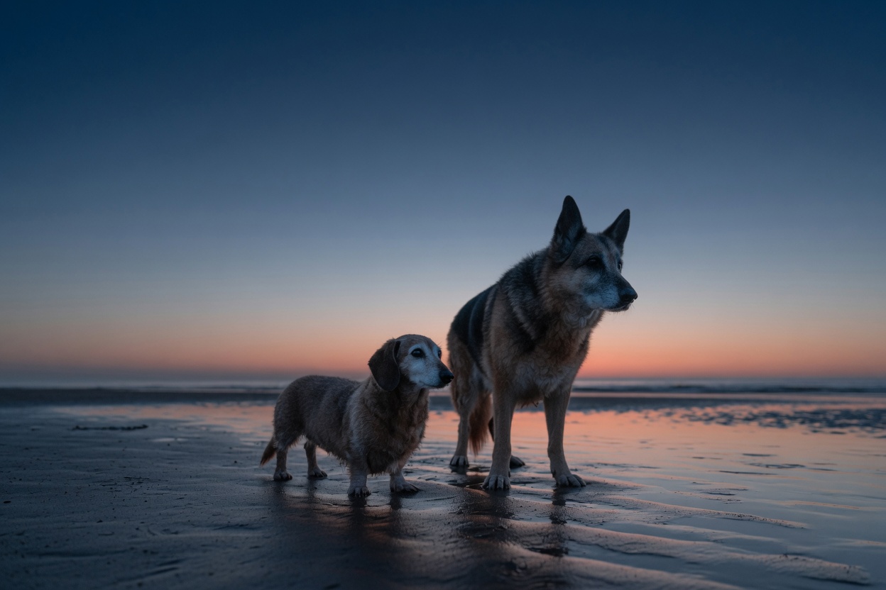 A senior dachshund and a senior German shepherd standing together on wet sand at blue hour