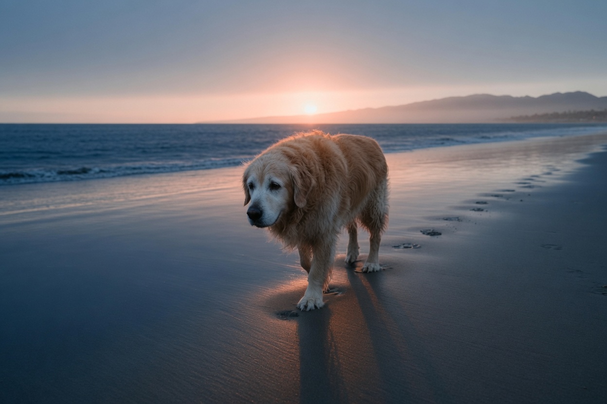 A senior golden retriever walking the wet-sand tideline at golden hour, low sun over the Pacific