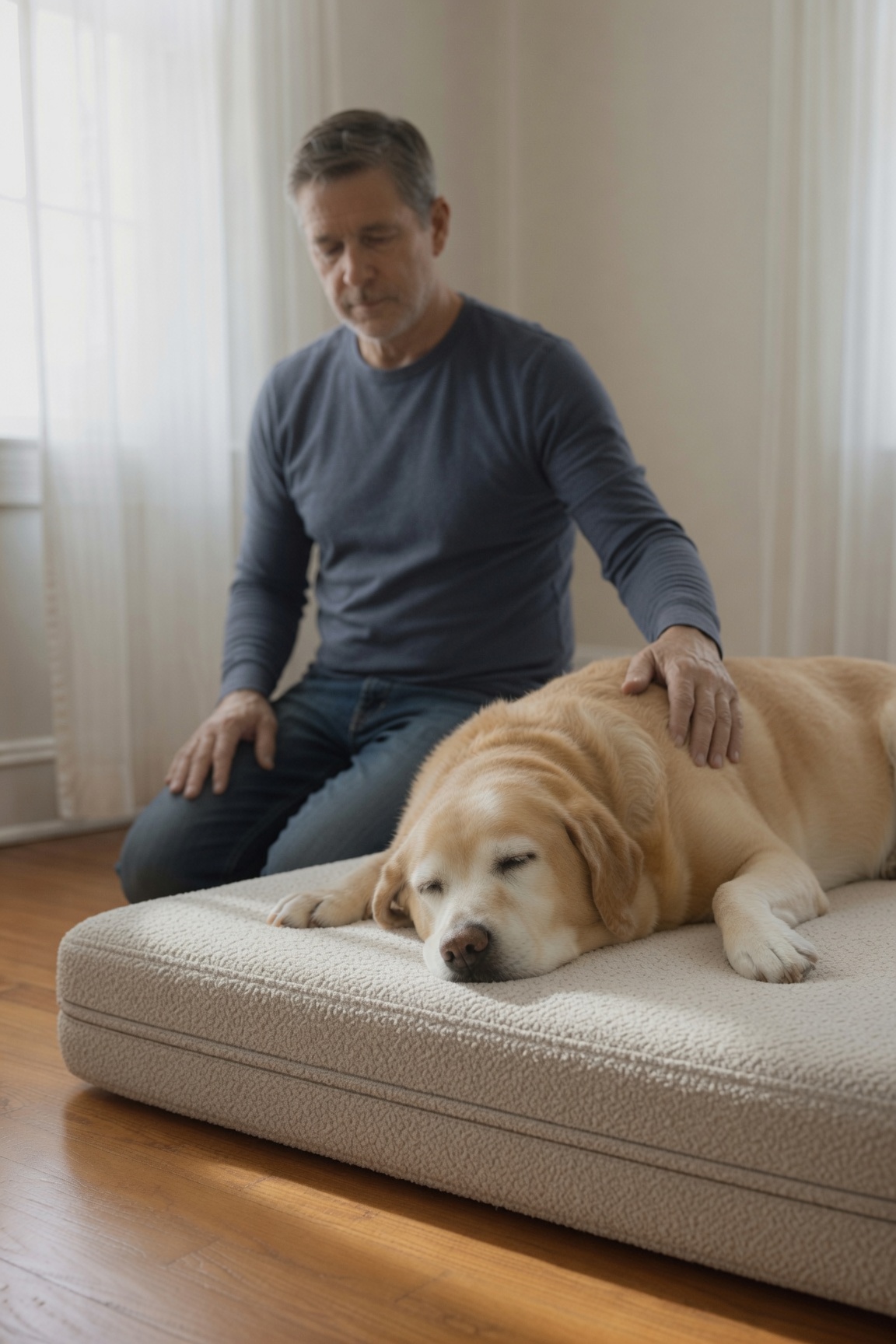 An owner rests a hand on his senior Labrador as the dog dozes on the Padfoundry orthopedic mattress