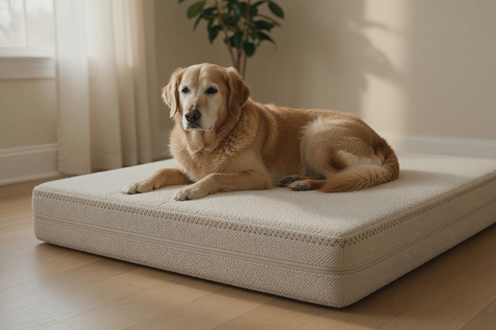 Senior golden retriever curled comfortably on a Padfoundry mattress