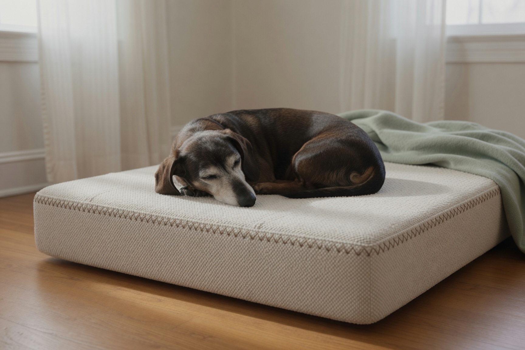 A senior dachshund curled asleep on the small Padfoundry bed