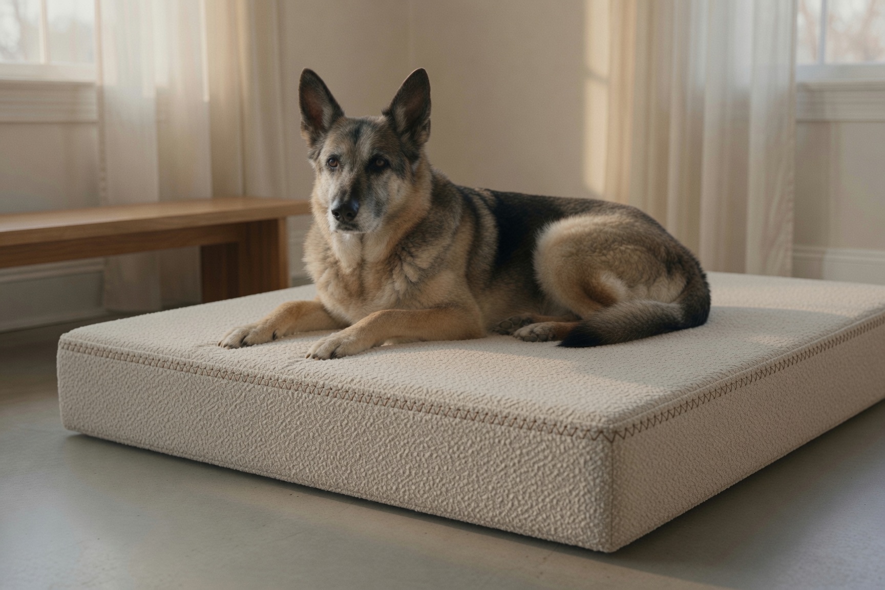 A senior German shepherd resting on the large Padfoundry bed